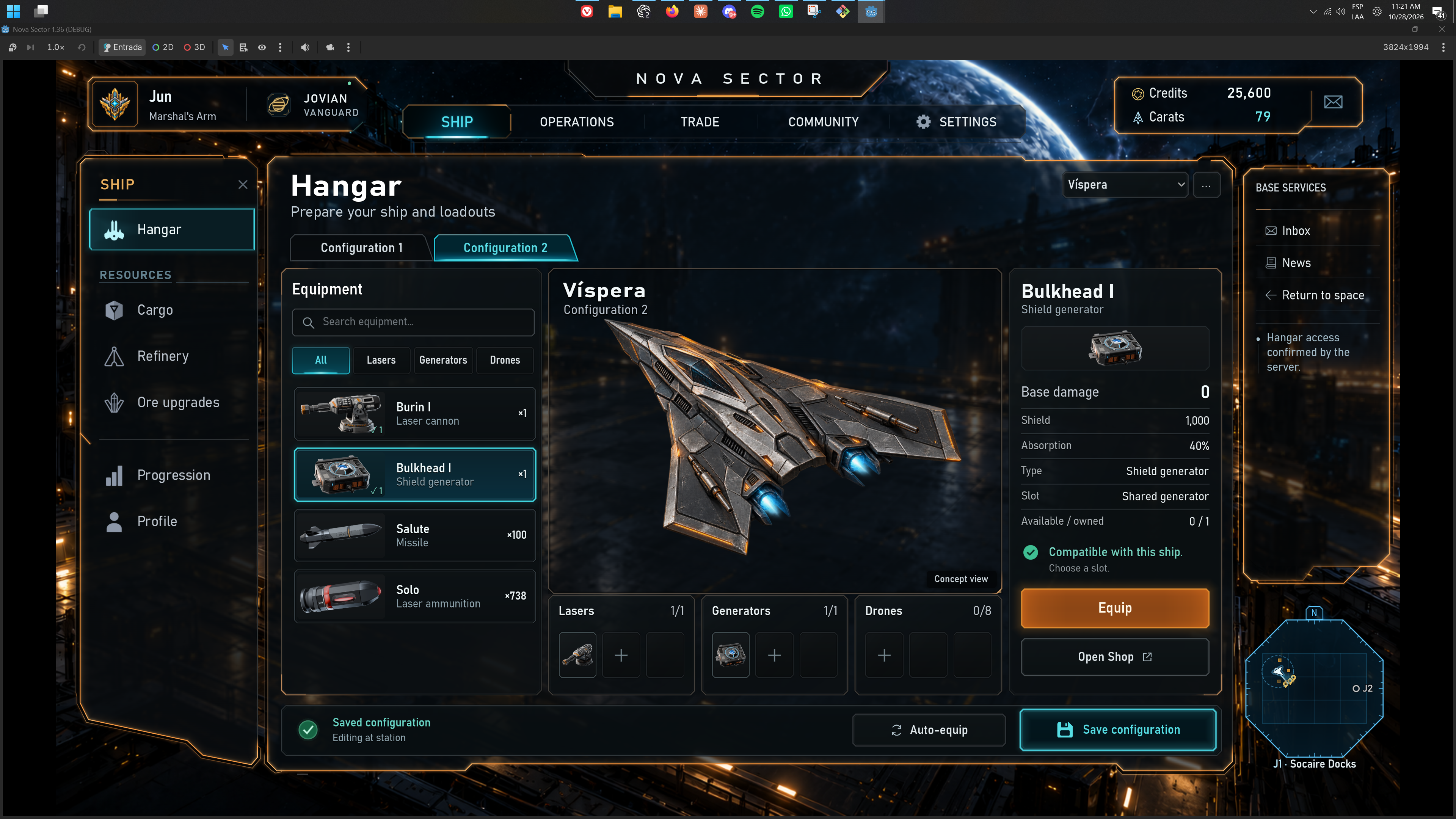 Nova Sector development hangar showing the Víspera ship, equipment and loadout configuration