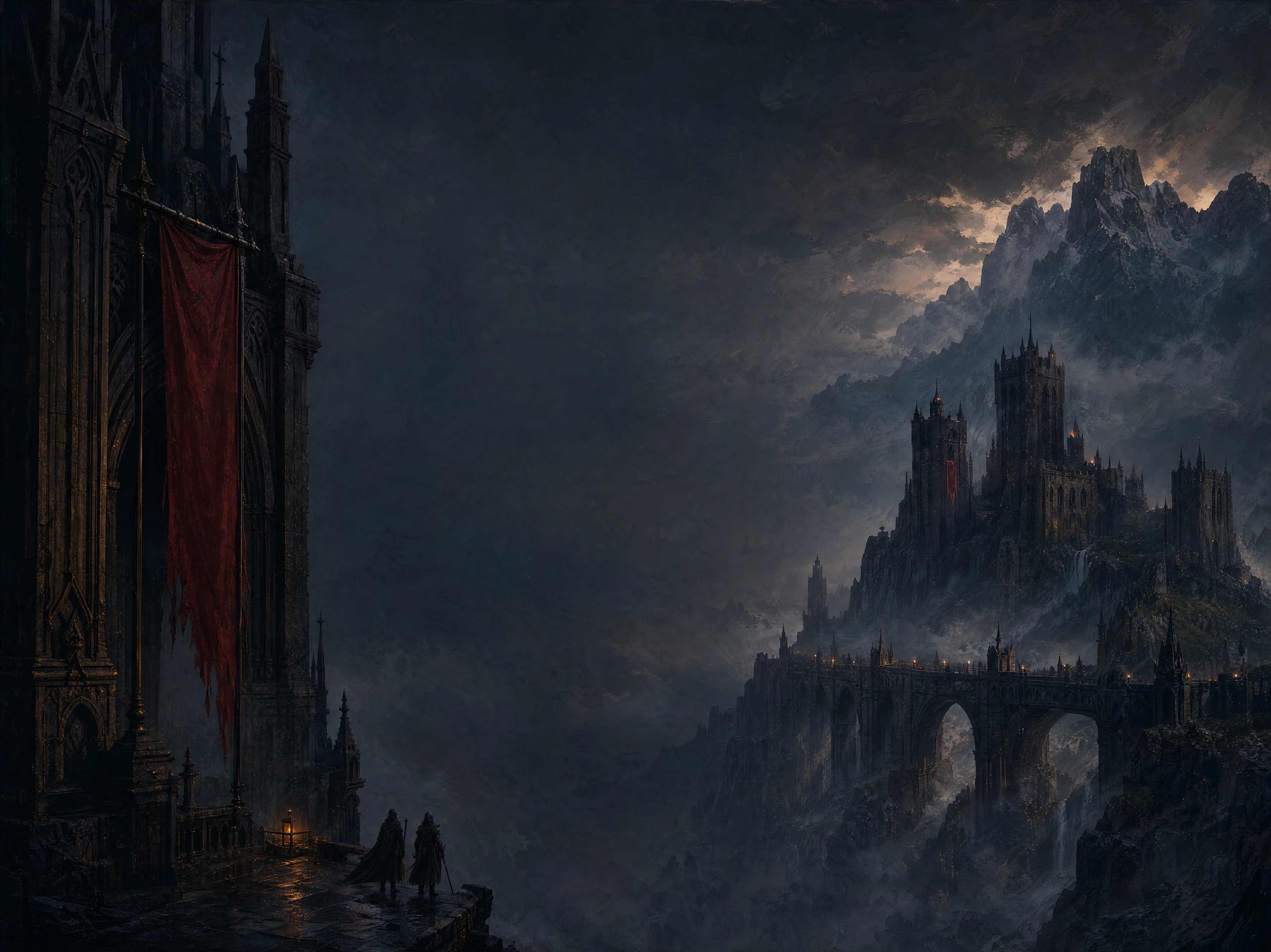 VoidHeaven concept artwork: a castle overlooking a mist-filled mountain valley